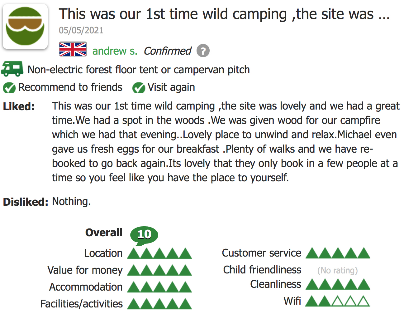 customer review for woodsman kent wild camping 10 out of 10